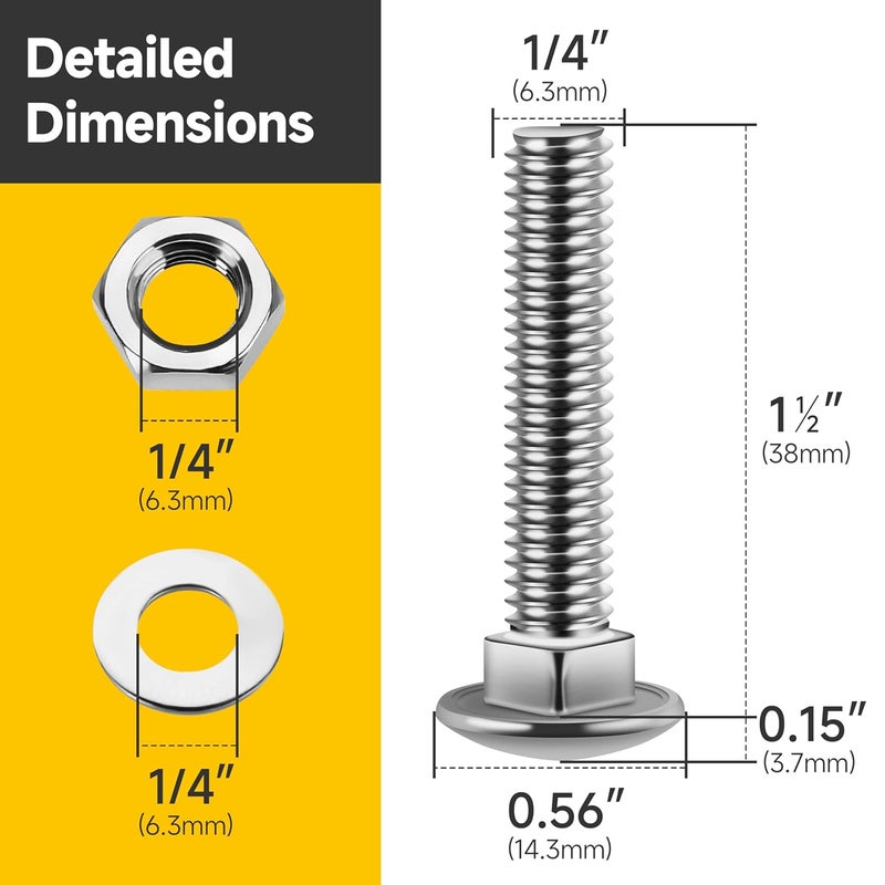MYWISH (20 Sets) 1/4-20 x 1-1/2 Carriage Bolts Screws Round Head Square Neck and Hex Nuts & Flat Washers, Full Threaded 304 Stainless Steel Bright Finish 1/4 Bolts - Image 2